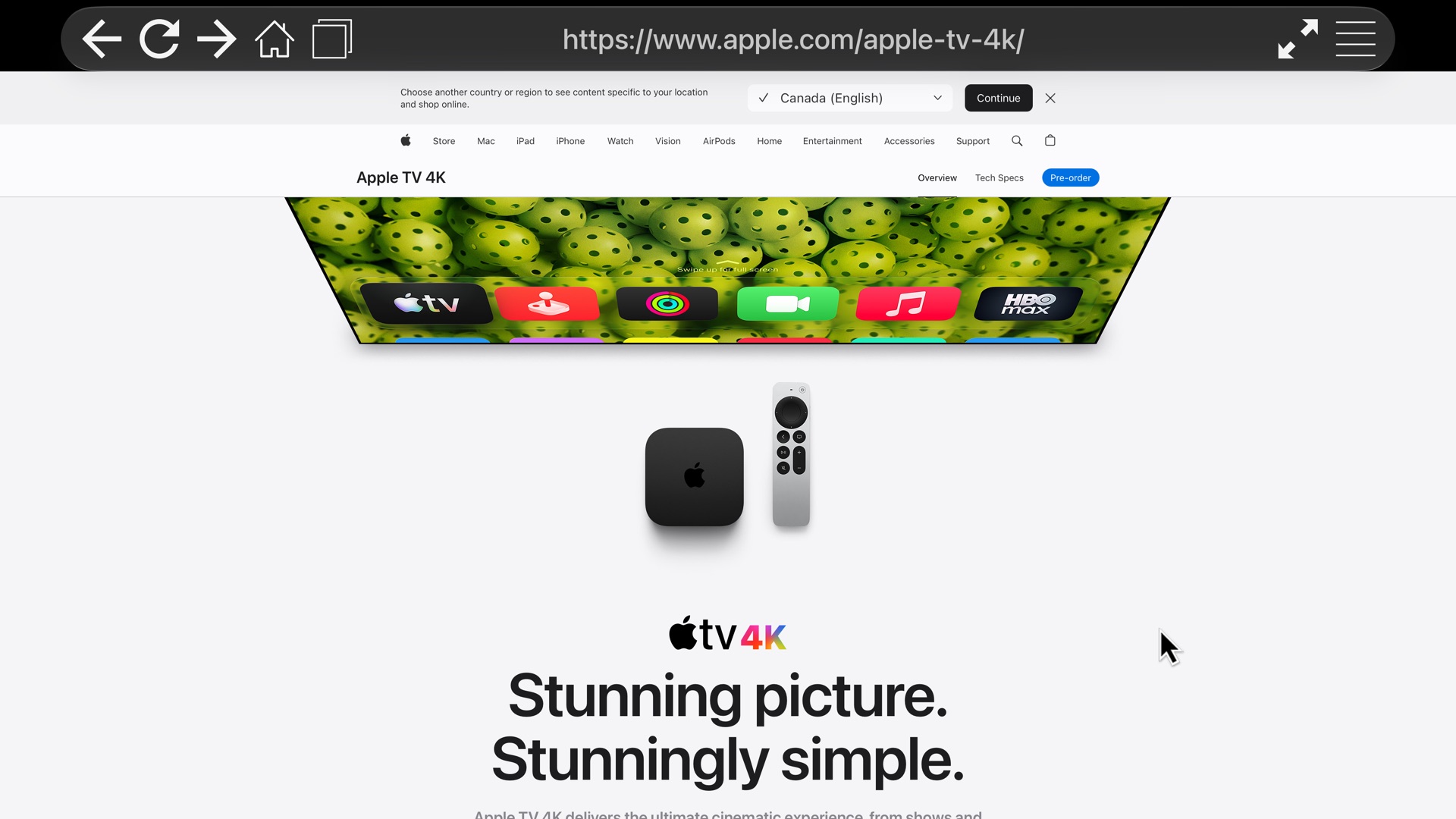 apple.com rendered in tvOS Browser with the Liquid Glass top bar