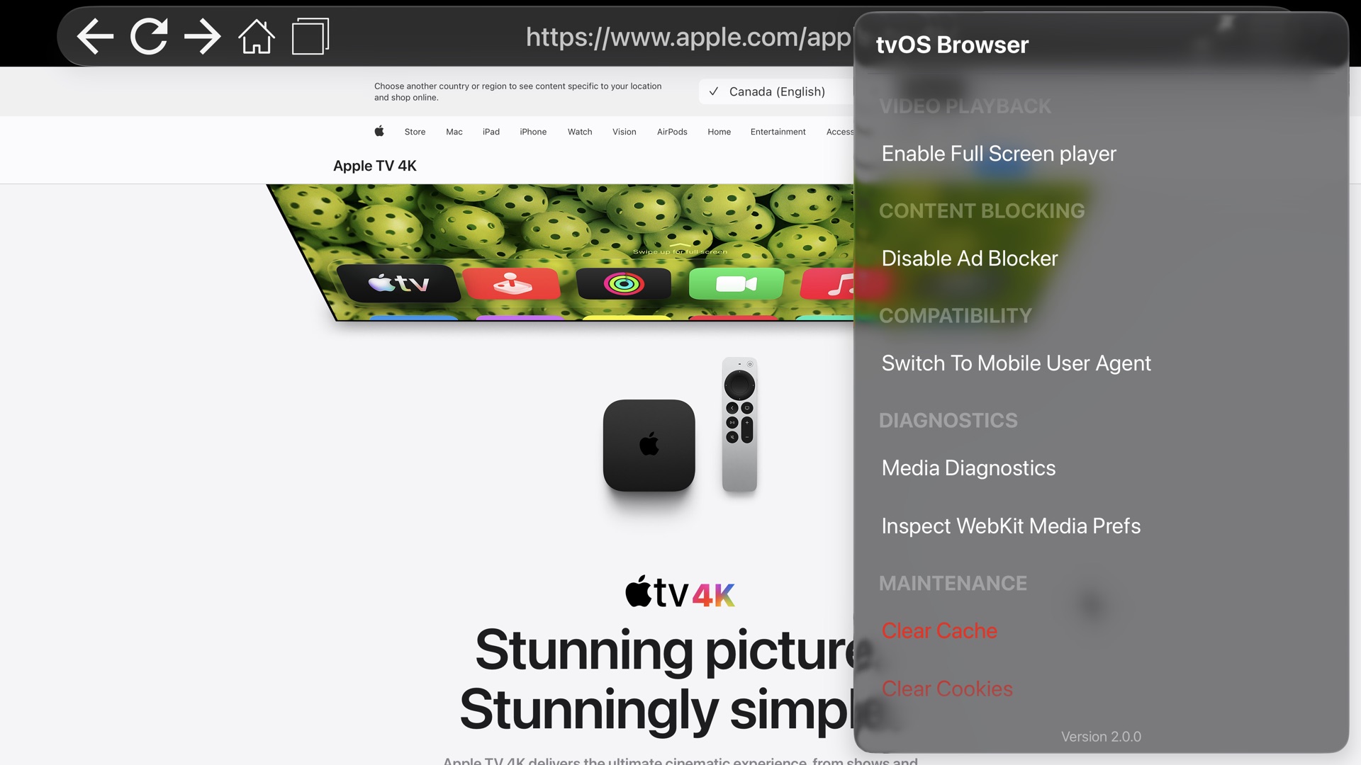 The side menu with video playback and content blocking settings