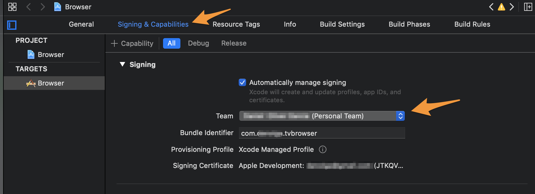 Xcode's Signing & Capabilities tab with automatic signing, a personal team and a custom bundle identifier